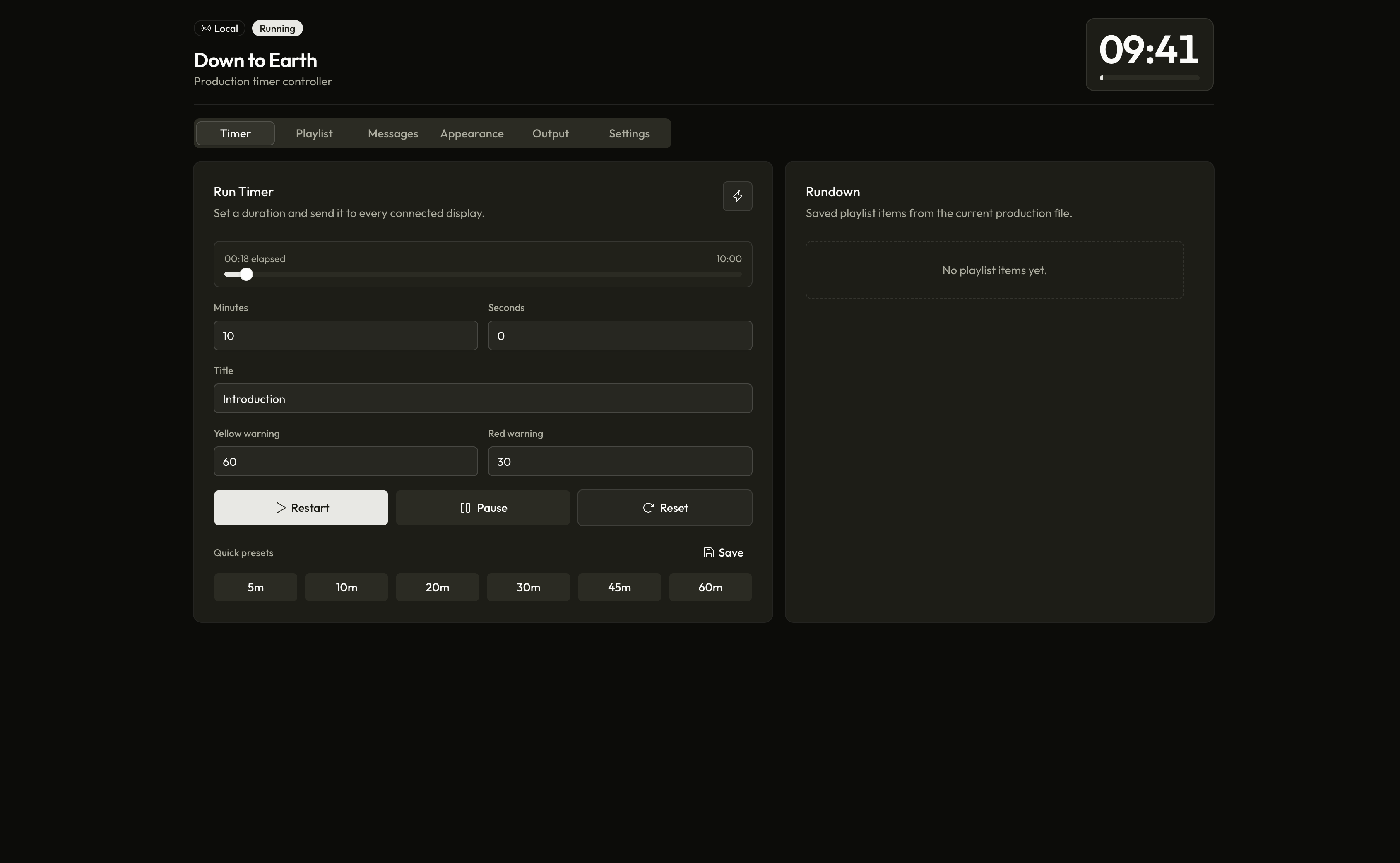 Down to Earth controller showing timer controls, rundown, quick presets, and live status.